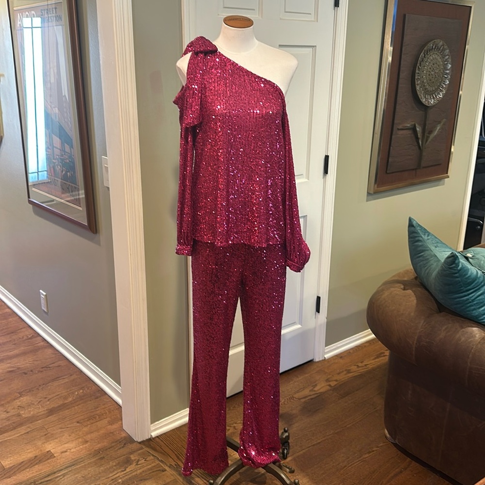 NWT Rachel Zoe Pink Sequin Two Piece Set 1-Shoulder (kind of) top & pants Sz L